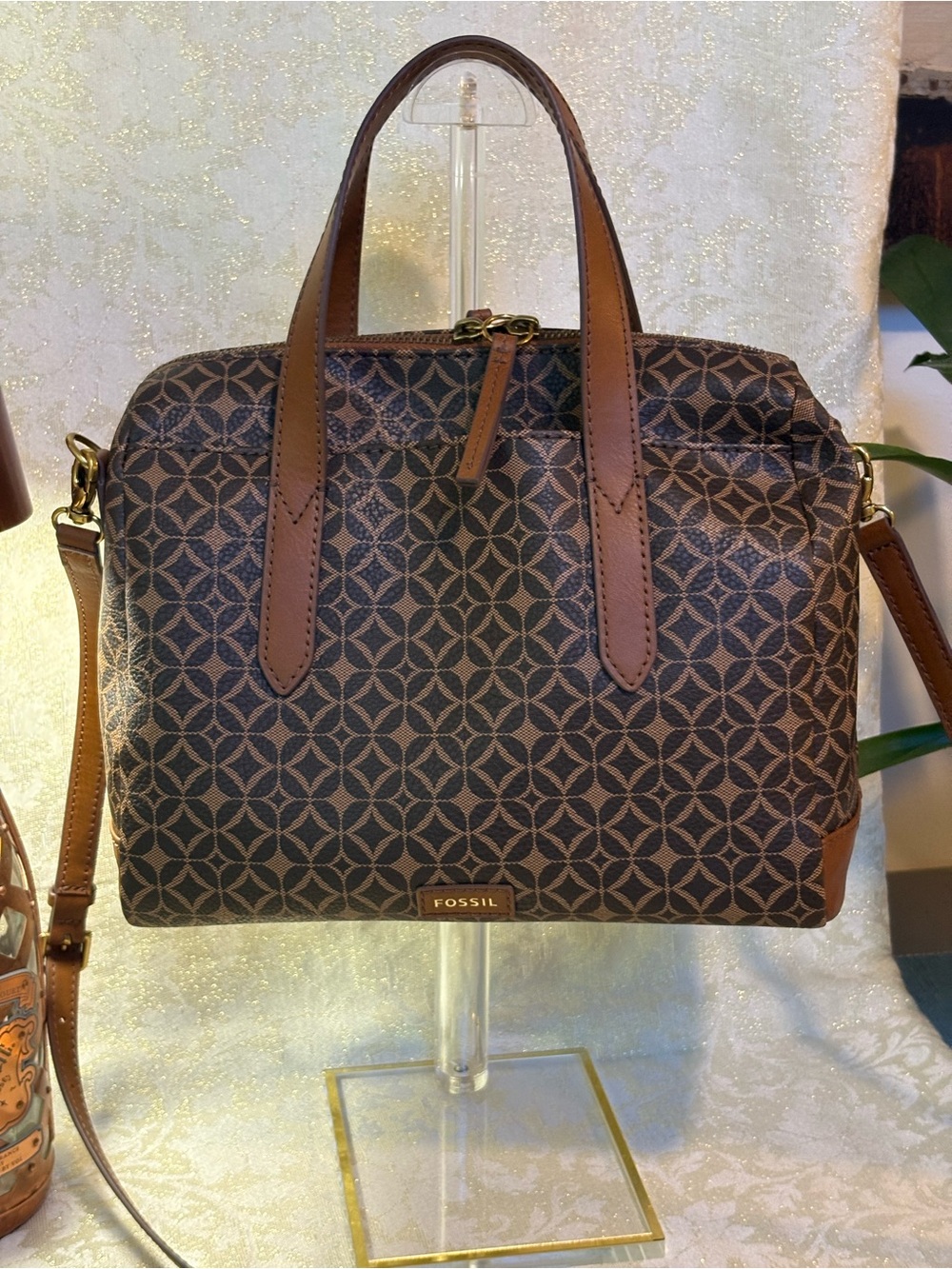 Fossil Brown Patterned Coated Canvass Sydney Satchel/Crossbody